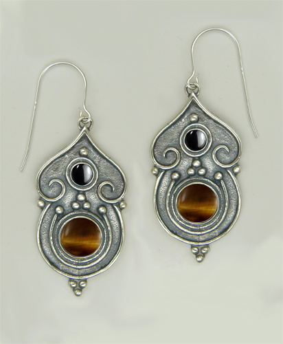 Sterling Silver Gothic Inspired Drop Dangle Earrings With Tiger Eye And Hematite